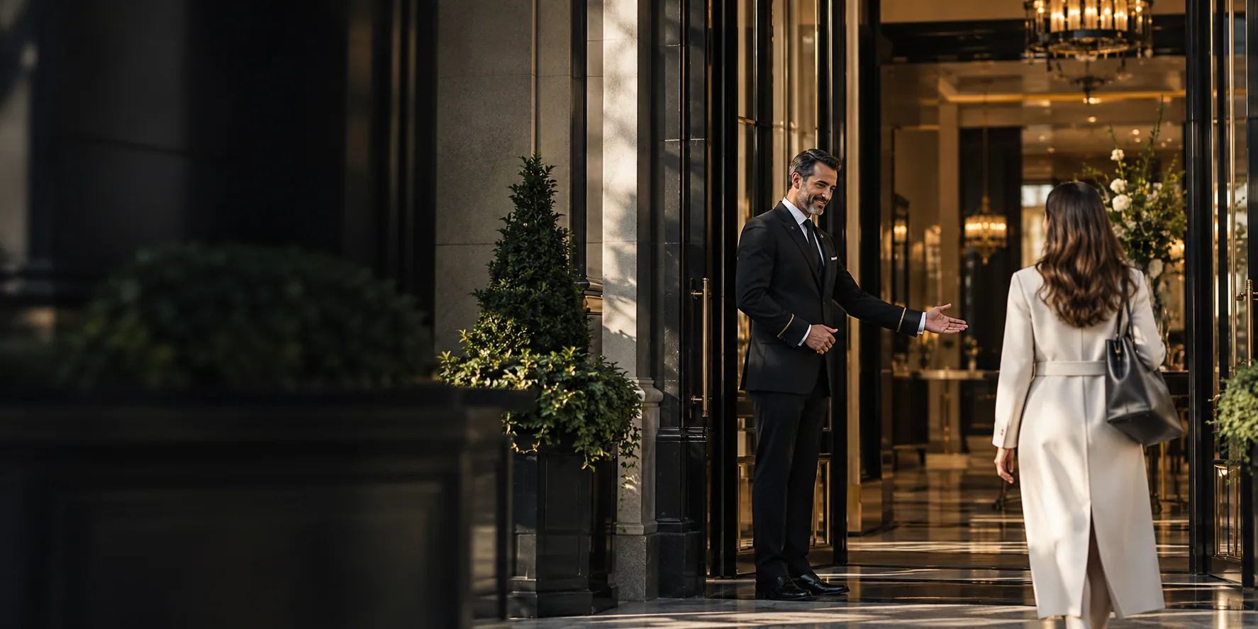 Illustrative hospitality welcome at a London hotel entrance