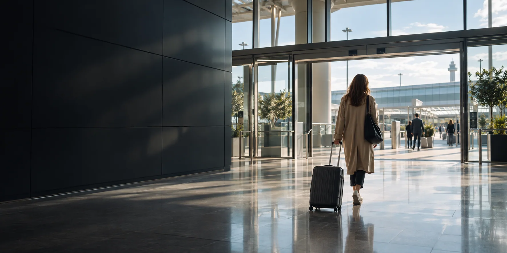 Illustrative airport arrivals corridor with traveller and suitcase