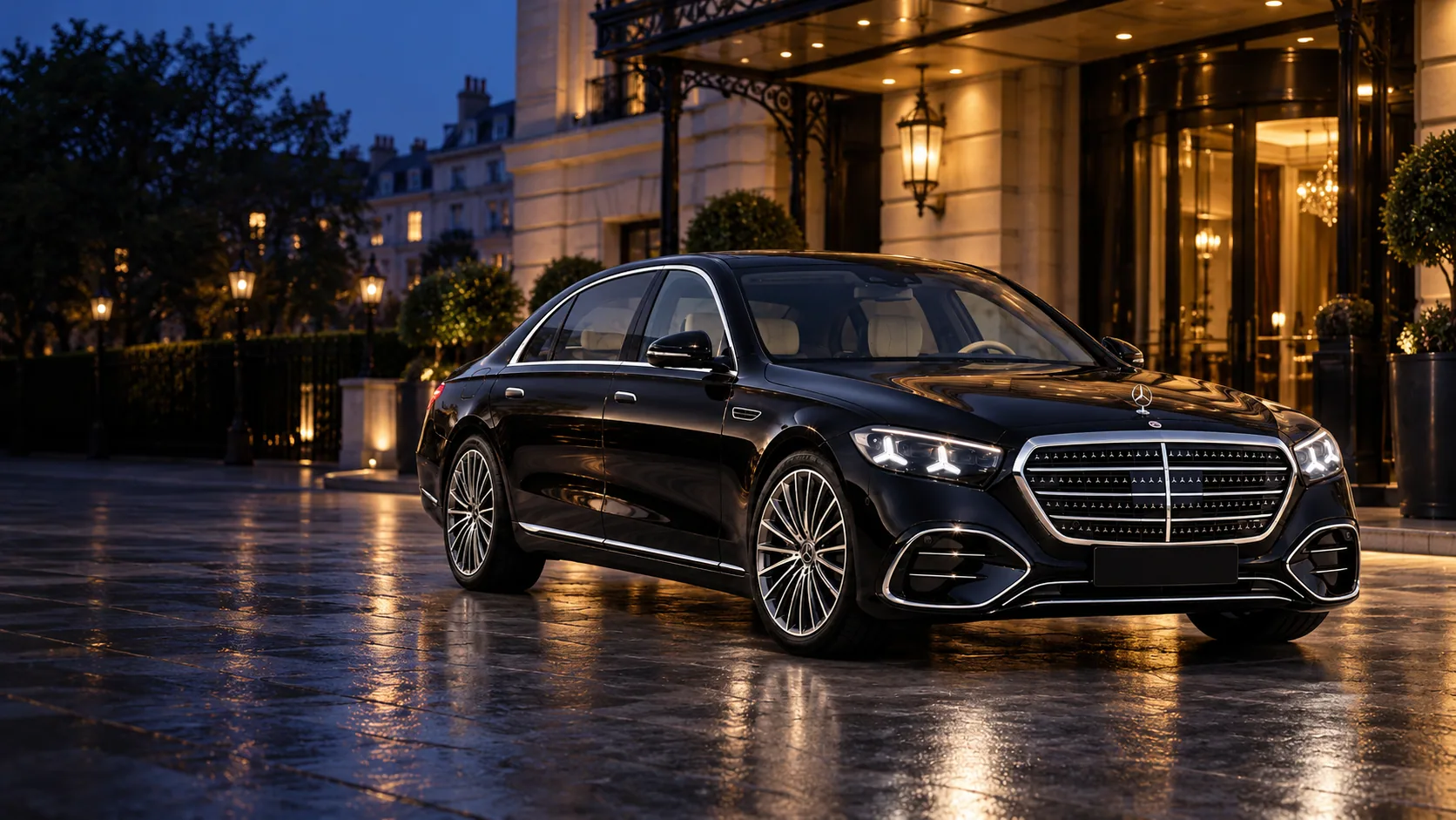 Illustrative new-shape Mercedes-Benz S-Class at a London hotel entrance at dusk
