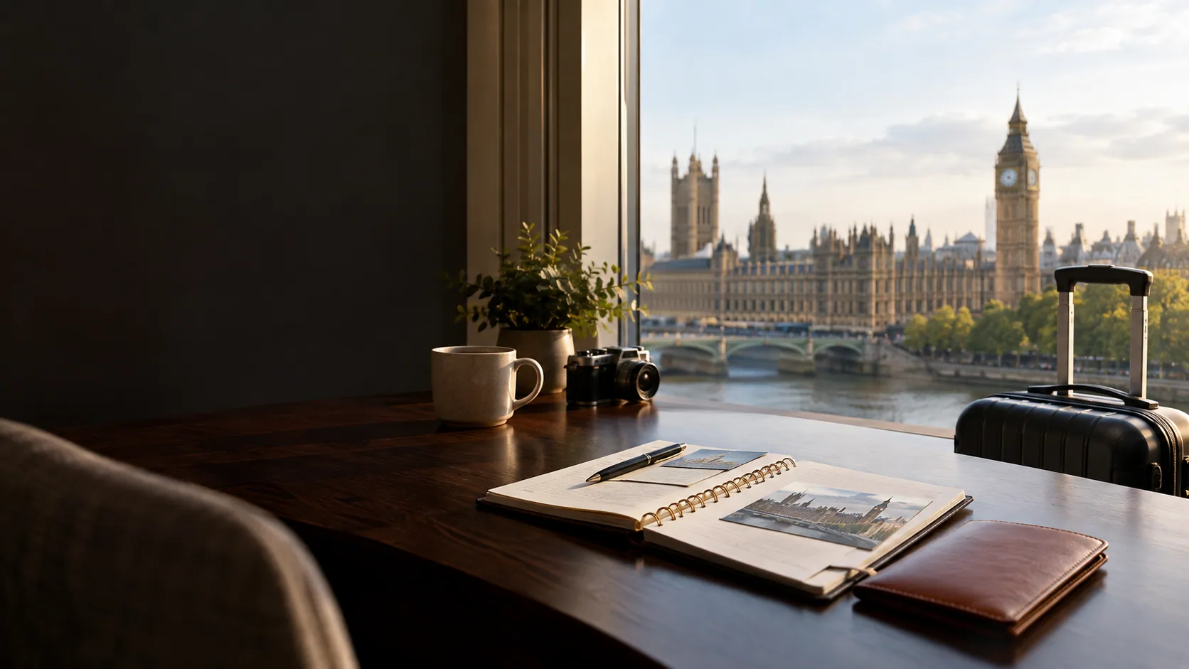 Illustrative travel planning desk and London view