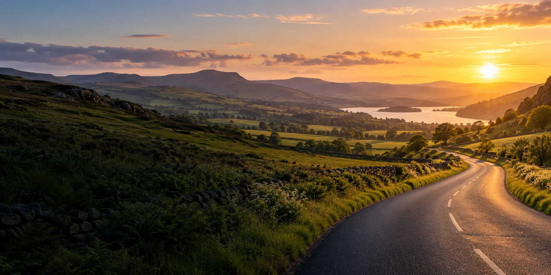Illustrative empty road through British countryside at sunset