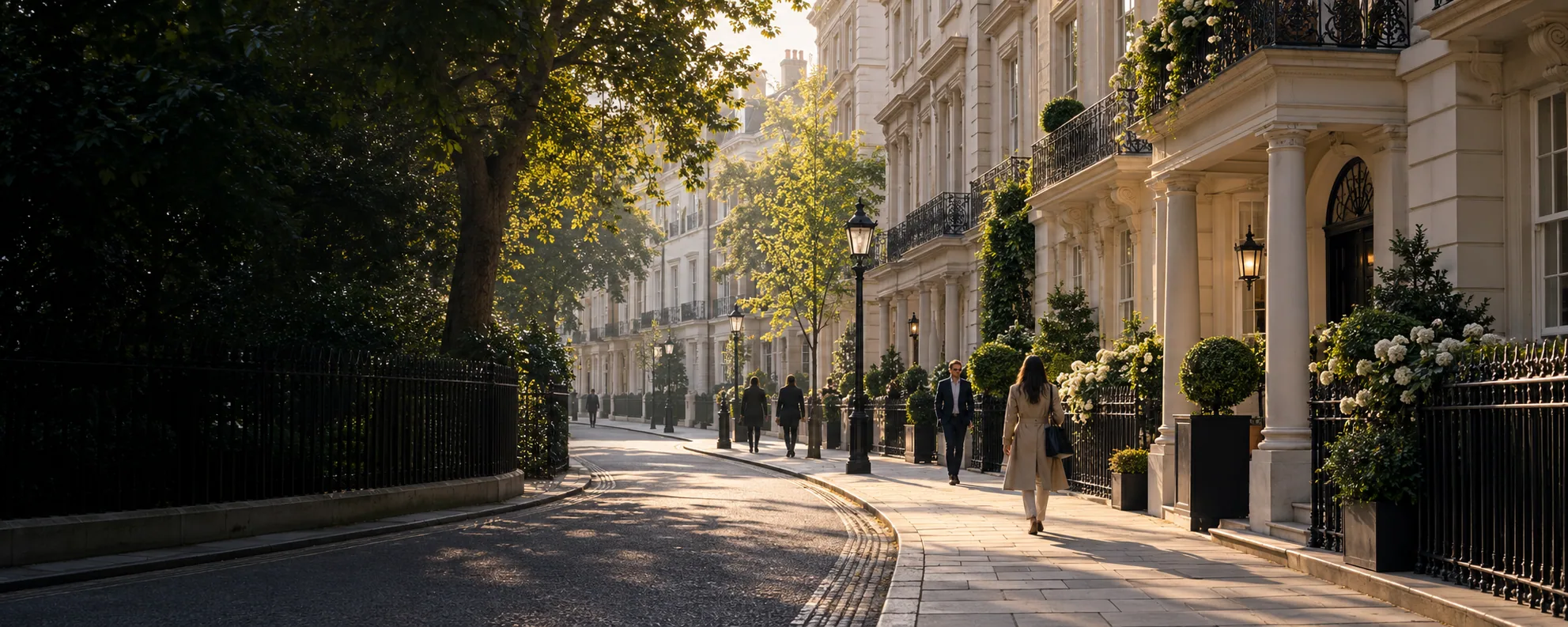 Illustrative leafy London street with townhouses and pedestrians