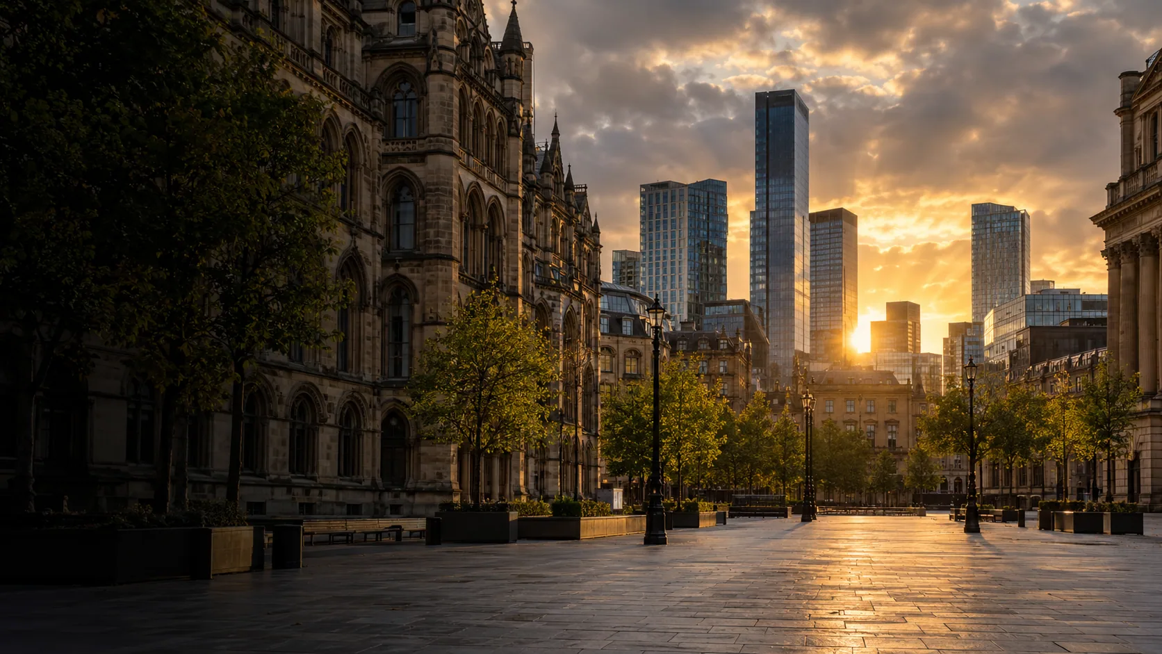 Illustrative central Manchester architecture at sunset