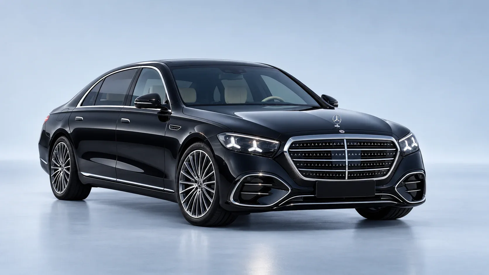 New-shape Mercedes-Benz S-Class design illustration with star-shaped headlamps