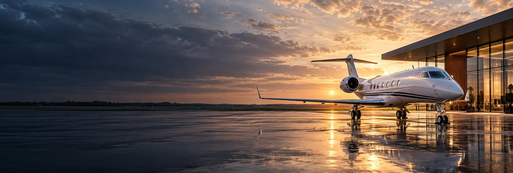 Illustrative business jet at a private aviation apron