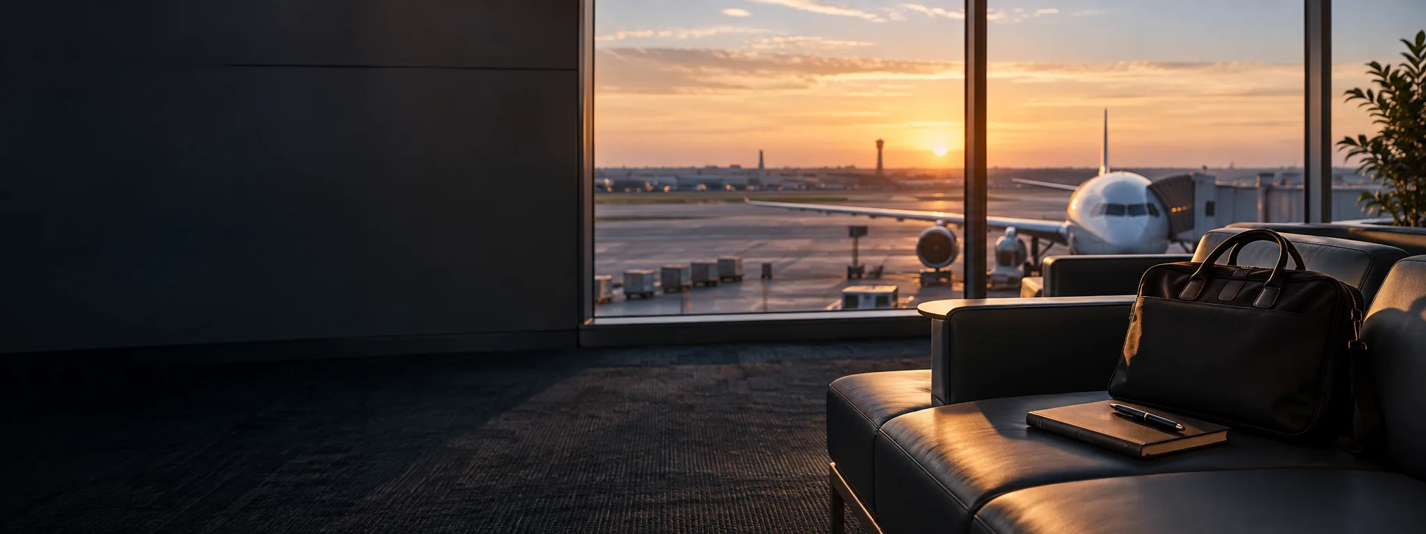 Illustrative airport lounge overlooking an aircraft at dawn