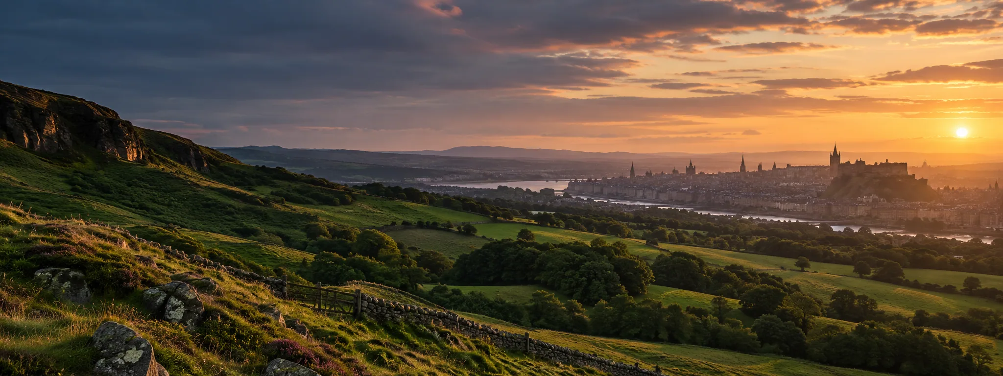 Illustrative UK countryside and distant city skyline